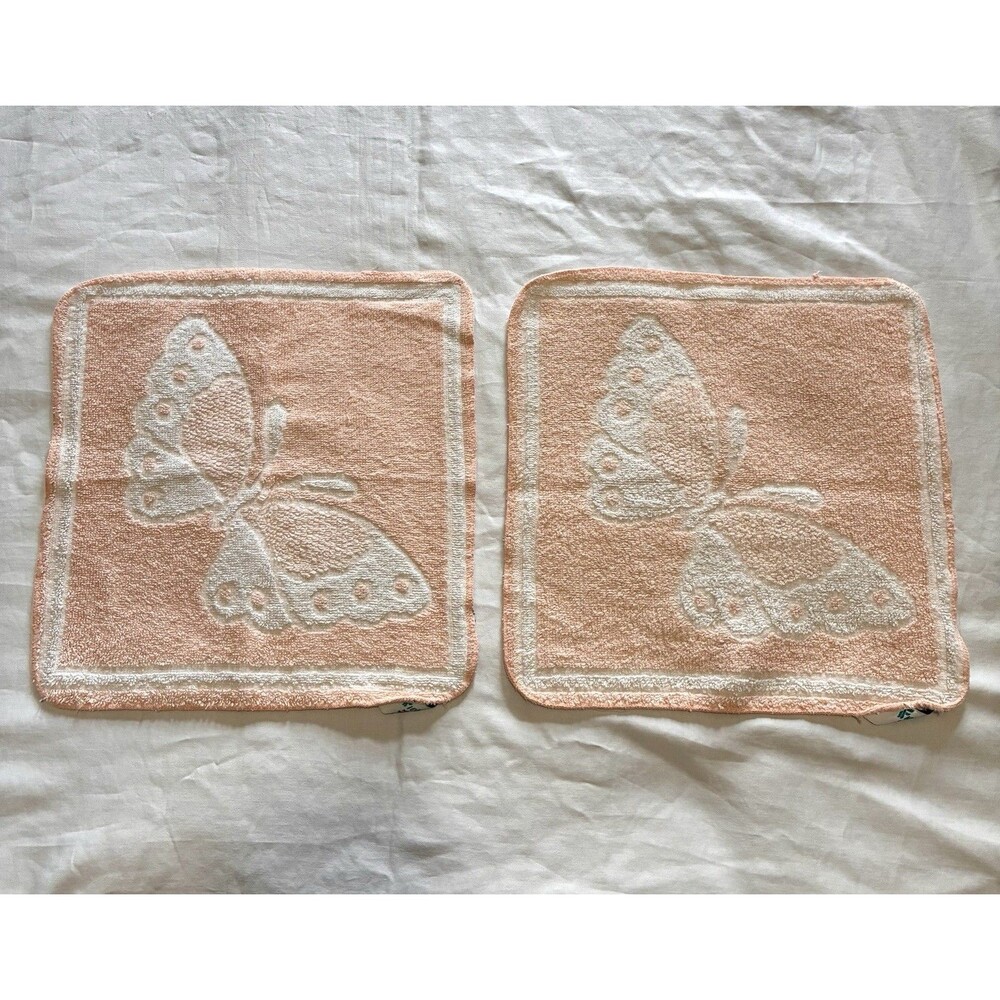 Vintage Fieldcrest Washcloth Face Towel Set of 2 Peach White Butterfly